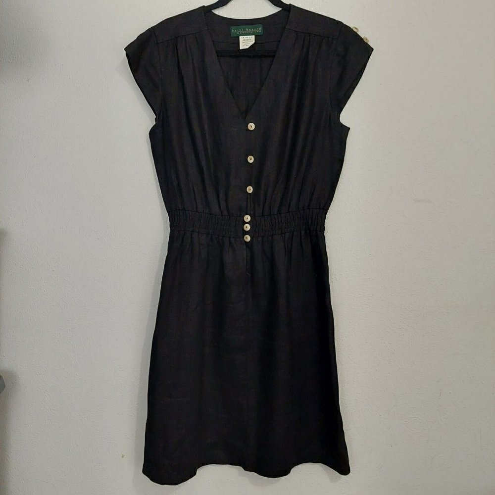VTG 90s Harve Benard Dress Womens Size 14 Cap Sleeve‎ Black 100% Linen Button